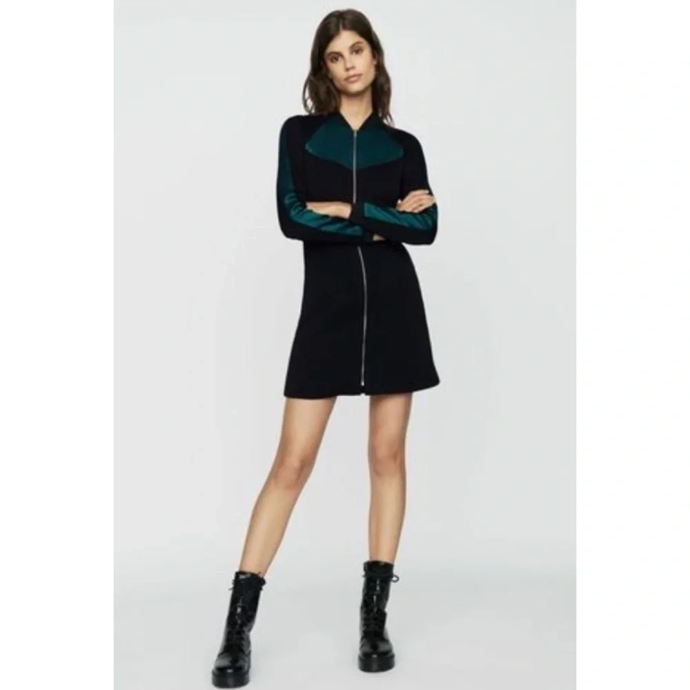 MAJE • Black/Green Rizia Contrast-Inset A-Line Long Sleeve Mini Dress, S - Picture 15 of 16